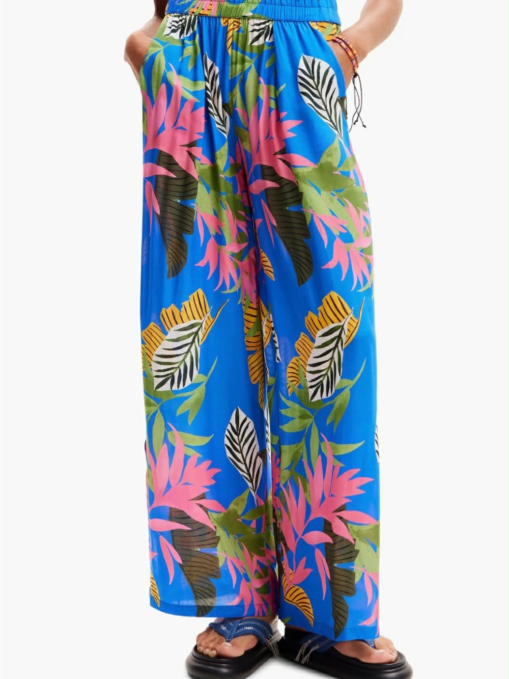 Desigual Blue Tropical Wide-Leg Pants with Pink & Green Leaves XS